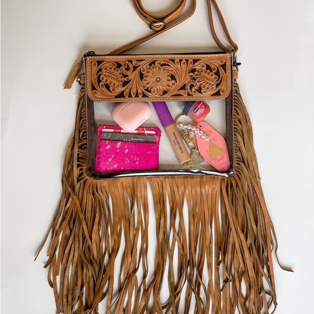 Boho Ranch - Western Tooled Leather Clear Crossbody Purse hand tooled concert - Picture 8 of 10